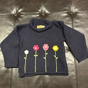 Kids Claver roll neck sweater, navy blue with flowers size 4T